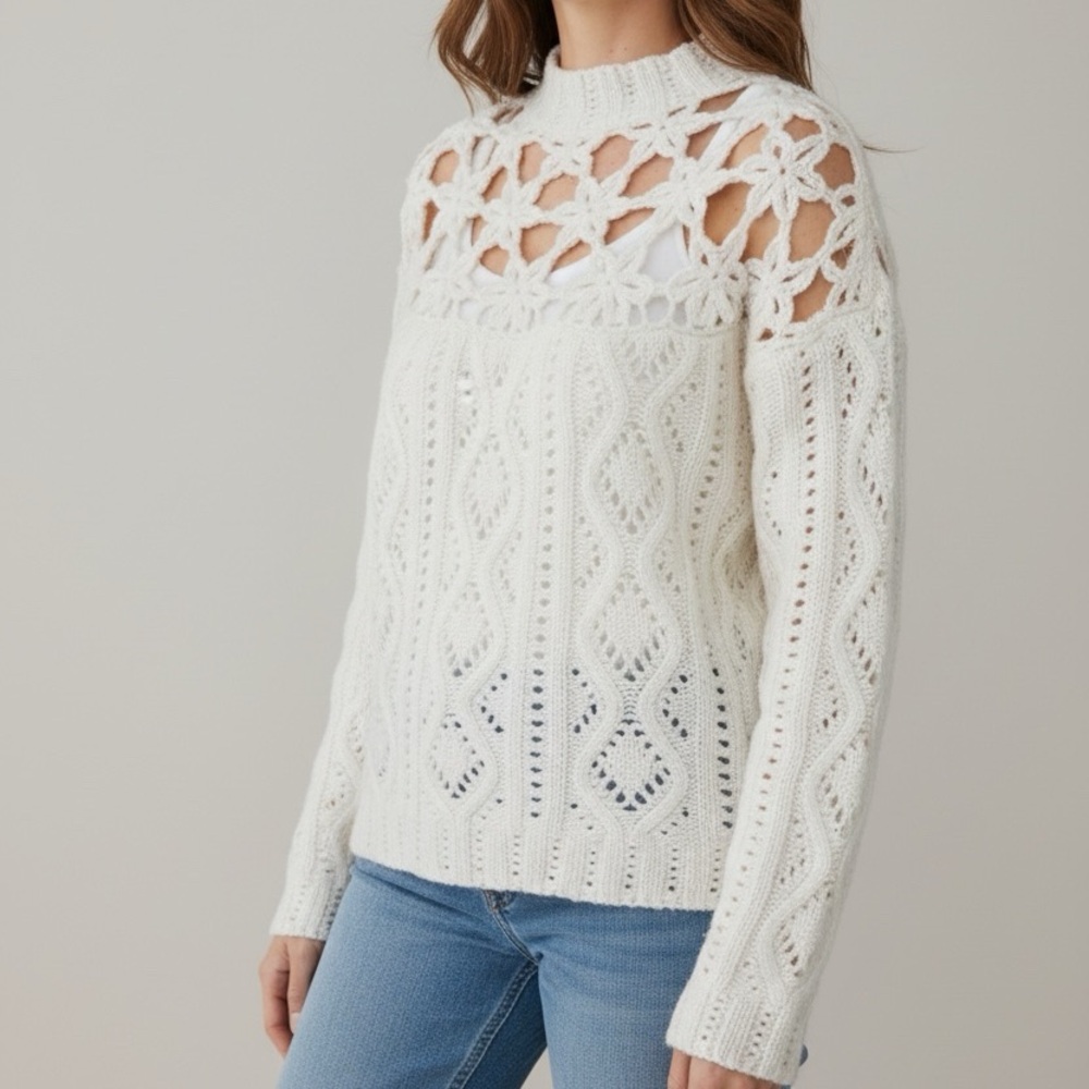 Marie Oliver Flora Crochet Sweater Sz L Winter White Cottagecore Coquette Luxury
